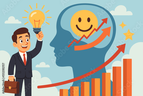 Positive thinking concept for business success. Businessman with lightbulb idea for innovation. Head silhouette with smiley face shows optimistic mindset and mental wellbeing. Growth chart.