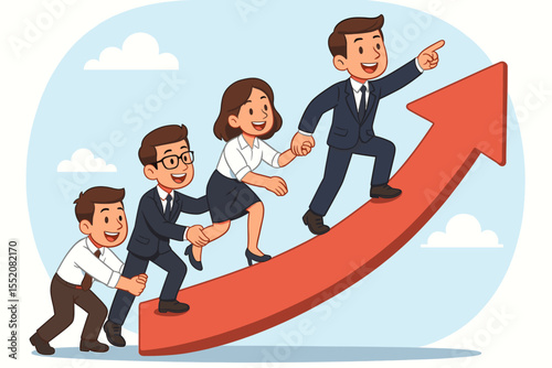 Business team led by a leader climbing up a red arrow. Concept of teamwork, collaboration, support, and guidance for business growth, success, and achieving shared goals. Cartoon vector.