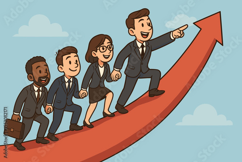 Business leader guides diverse team up a growth arrow. Concept for teamwork, collaboration, support, and success. Corporate manager shows direction for career growth and goals. Cartoon vector.