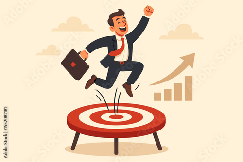 Happy businessman jumping on a target trampoline towards success and growth. Metaphor for achieving business goals, career advancement, and professional aspirations. Vector concept.