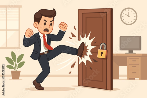 Determined businessman kicking down a locked door. Business metaphor for overcoming obstacles, breaking barriers, finding a solution. Concept of ambition, breakthrough, and success.