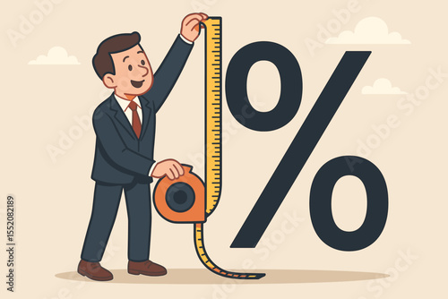 Businessman measuring a huge percentage symbol with tape measure. Business success concept, financial growth, economic metrics, investment return, profit rate, KPI analysis vector.