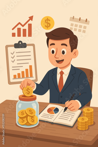 Personal finance management concept. Cartoon businessman planning budget, saving money in a glass jar. Financial literacy, investment growth, accounting and wealth management vector.
