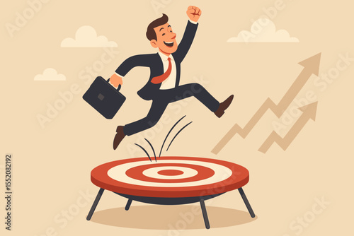 Happy businessman jumps on a target trampoline, a concept for achieving goals. Successful manager with briefcase leaps towards success and career growth. Metaphor for ambition.