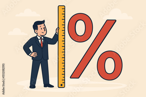 Businessman measuring a giant percentage symbol with a ruler. Business growth concept, financial success, and performance analysis. Measuring profit, discount, sales, and interest rates.