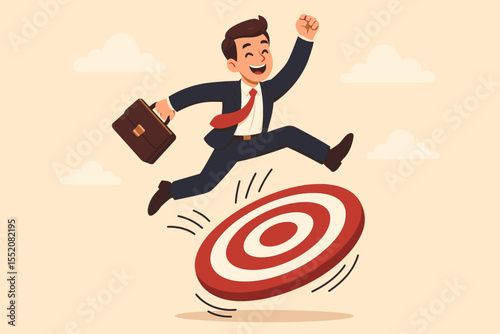 Businessman leaps to success from a target trampoline, a metaphor for achieving goals. Career growth, ambition, and opportunity concept. Happy man jumping to reach his objective.