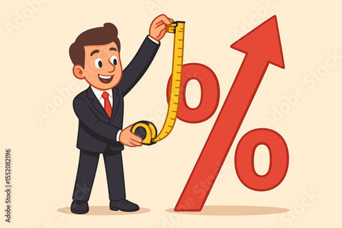 Businessman measuring growth with a tape measure on percentage sign. Cartoon vector for financial success, profit increase, sales metric, investment return, and business progress.