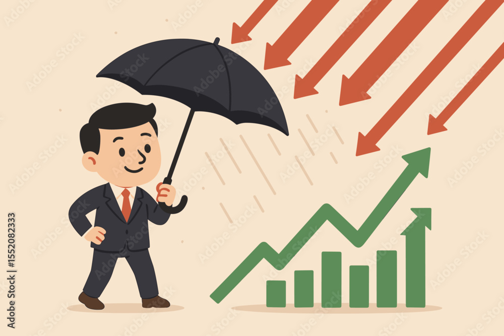 Obraz premium Confident businessman shielding stock market growth from economic downturn, crisis, or recession with umbrella. Protecting investment, finance, profit, success. Vector cartoon illustration concept