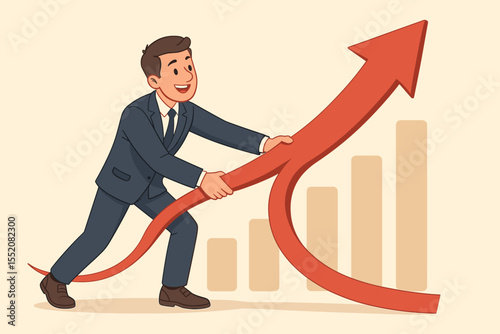 Businessman guiding upward red arrow, concept of positive financial growth, profit increase, sales success, business leadership, cartoon vector, investment progress, economic improvement illustration