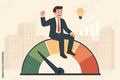 Businessman Sitting on Efficiency Meter, Motivating Productivity and Smart Work Concept, Corporate Success, Business Growth, Idea and Innovation Vector Cartoon Illustration