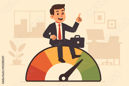 Businessman sitting on performance meter gauge, motivating workplace productivity, efficiency, success, corporate growth, leadership, smart work, office environment, vector illustration