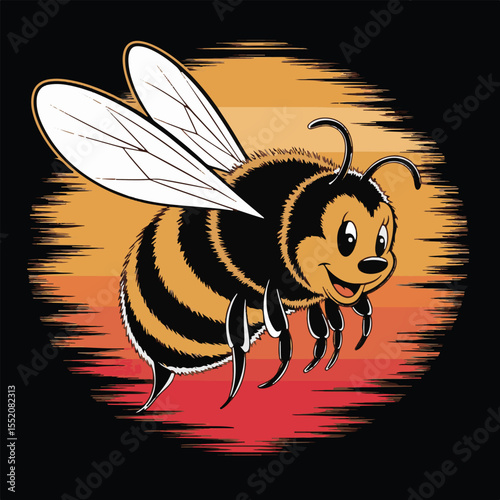Funny cartoon bee with yellow wings flying to collect honey, a cute insect illustration