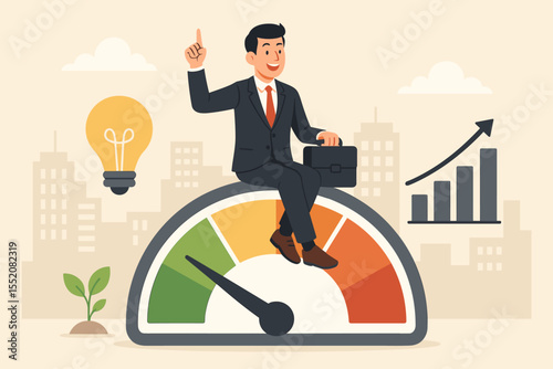 Businessman in Suit Sitting on Performance Gauge with Briefcase, Corporate Productivity Growth, Efficiency Meter, Smart Work Motivation, Innovation, Success Strategy, Office City Background