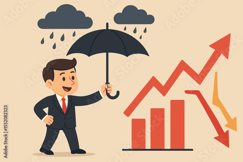 Confident businessman shielding stock market from economic crisis with umbrella, protecting financial growth, cartoon vector illustration, recession defense, rain risk management concept