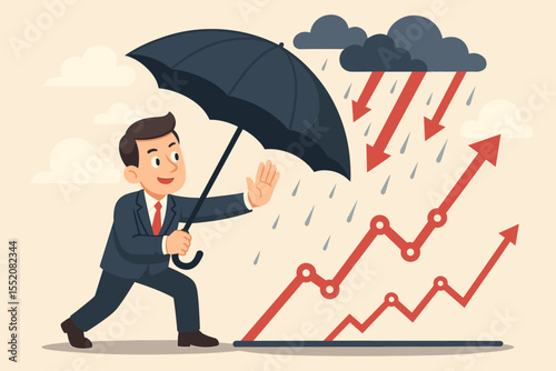 Businessman protecting financial growth from economic crisis with umbrella. Stock market recovery. Risk management. Cartoon vector illustration. Investment protection. Market volatility concept