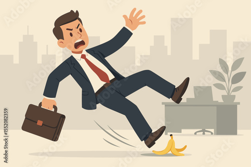 Cartoon business man slipping on banana peel, risk, accident, office hazard, workplace safety, unexpected challenge, failure, mistake, setback, corporate stress, business problem illustration