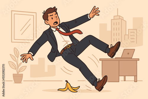 Businessman slipping on banana peel in office, unexpected failure, risk, hazard, workplace accident, danger, corporate setback, stress, business mistake, crisis, cartoon vector illustration