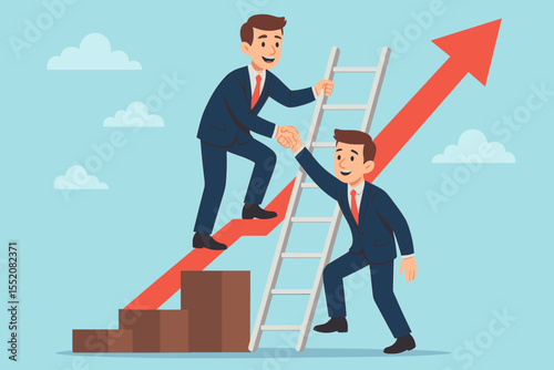 Teamwork and Business Success Concept, Businessman Supporting Colleague Up Growth Ladder, Collaboration, Mentorship, Partnership, Helping Hand, Career Development, Cartoon Vector Illustration
