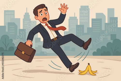 Businessman slipping on banana peel cartoon. Concept of workplace accident, unexpected challenge, financial risk, business failure, hazard in corporate world. Vector city background illustration