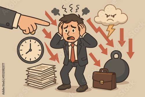Stressed businessman under pressure overwhelmed by workload, deadline, angry boss, criticism, burnout, anxiety, depression, office stress, mental health crisis, business failure concept illustration
