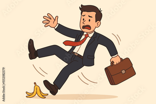 Cartoon businessman in suit slipping on banana peel, office accident, business risk, workplace hazard, failure, comic setback, unexpected challenge, corporate danger, humorous vector illustration