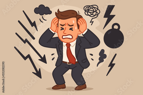 Stressed businessman overwhelmed by work pressure. Anxiety, stress, mental burden, chaos, crisis, burnout, career struggle. Lightning bolts, cloud, weight, cartoon vector illustration