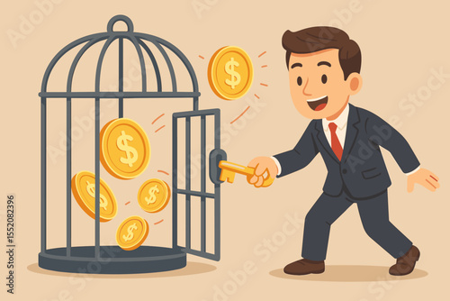 Businessman unlocking financial freedom with key, releasing golden coins from cage, metaphor for smart money management, investment strategies, wealth liberation, and economic opportunity concept