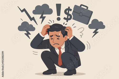 Stressed businessman crouching under pressure. Office worker anxiety concept. Business problems, debt, work overload, financial crisis, mental health issues. Cartoon vector metaphor illustration