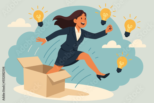 Businesswoman jumps out of box, escaping traditional thinking, generating creative innovation ideas, female leader thinking outside the box, inspirational business concept vector illustration