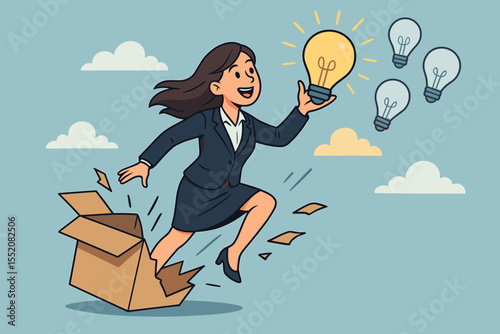 Businesswoman breaking out of box, generating innovative ideas, creativity metaphor, female leader finding solutions, problem solving, inspirational concept, vector cartoon illustration