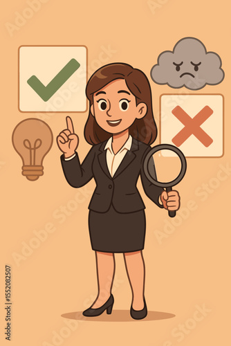 Businesswoman with Magnifying Glass Analyzing Facts and Myths, Making Decisions, Verifying Information Accuracy, Right and Wrong Choices, Idea, Sad Cloud, Vector Cartoon Illustration