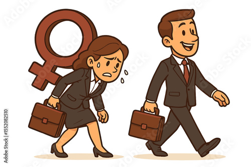 Gender inequality in workplace vector illustration. Businesswoman burdened by female symbol struggles with heavy load, businessman walks easily. Career discrimination, unfair opportunity concept