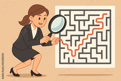 Businesswoman solving maze with magnifying glass, searching for solution, finding path through complexity, problem solving, challenge, decision making, leadership, vector cartoon illustration