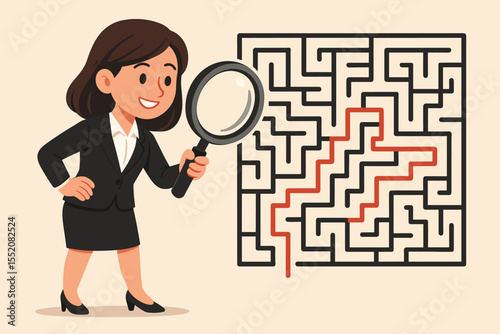 Businesswoman analyzing complex maze with magnifying glass, searching for solution, challenge problem solving, corporate strategy, leadership, business decision, vector illustration