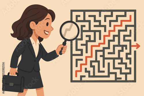 Businesswoman analyzing maze with magnifying glass, solving problem, finding solution, challenge path, decision making, strategy, leadership, business concept, cartoon vector illustration