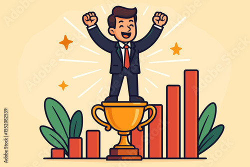 Businessman celebrating victory standing on gold trophy, success achievement concept, leadership, career growth, finance, statistics, winner, business cartoon vector illustration