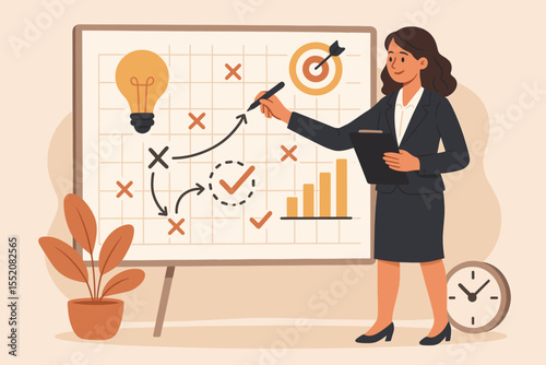 Businesswoman Presenting Planning Strategy and Setting Goals, Business Concept Illustration with Charts, Target, Lightbulb, Data Analysis, Project Management, Scheduling, Leadership, Success