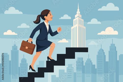 Ambitious businesswoman climbing stairs to corporate success, career growth, leadership journey, city skyline, professional achievement, business ambition, upward mobility, vector illustration