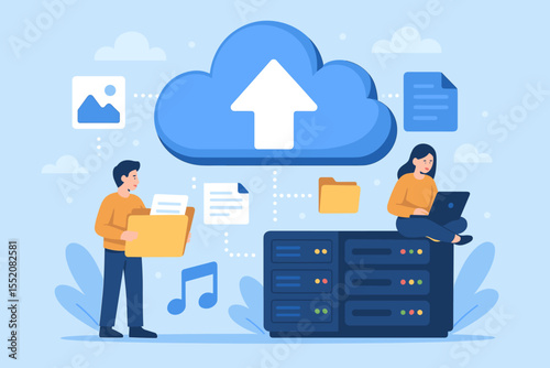 Cloud computing data storage concept with server, upload symbol, digital file management, sharing documents, folders, multimedia, teamwork, online backup, secure database system illustration