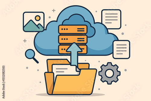 Cloud data storage and transfer vector illustration. Cartoon file management, online backup, network hosting, document sharing. Cloud computing technology, server, gear icons, digital upload concept