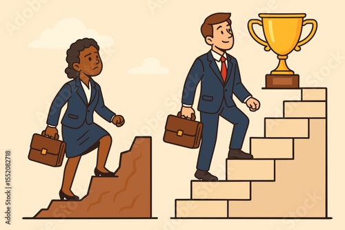 Gender inequality in career advancement metaphor, businesswoman faces career obstacles, businessman climbs steps to trophy, corporate ladder disparity, workplace opportunity gap concept vector