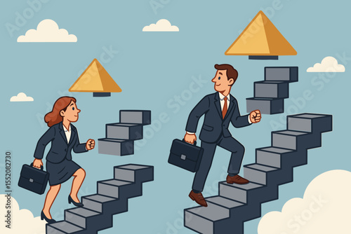 Gender Inequality in Corporate Career Advancement, Businessman and Businesswoman Climbing Unequal Stairs, Metaphor for Gender Gap, Workplace Discrimination, Diversity, Opportunity Difference