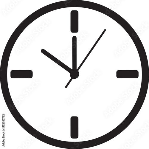 Black vector clock icon illustrating time, with hour and minute hands on a circular dial, symbolizing business deadlines or daily work
