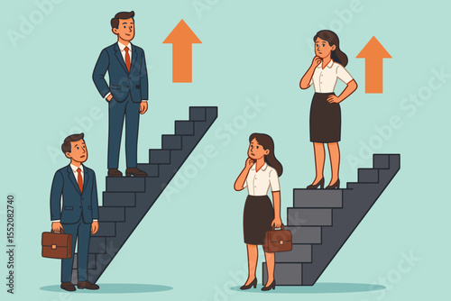 Gender inequality in corporate career advancement, business cartoon vector illustration, unequal opportunities, men and women climbing career ladder, workplace discrimination, promotion gap concept