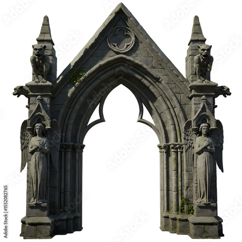 Gothic Archway 3D Render of Medieval Stone Gateway with Angels and Gargoyles on transparent background