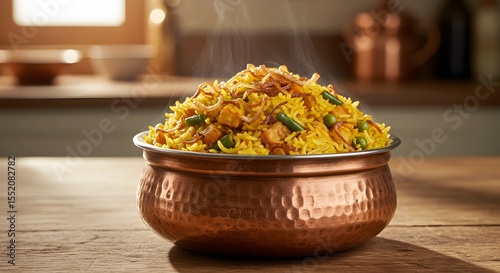 A copper bowl of vegetable biryani with fried onions on a kitchen table