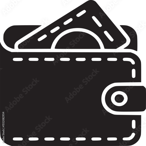 Illustration of a black wallet with a card inside against a white background design icon