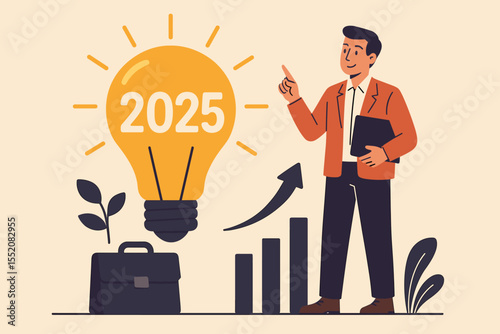 Business Growth Innovation 2025, Light Bulb Idea, Strategic Planning, Success Vision, Leadership, Marketing Strategy, Career Development, Office Progress, Financial Goal Achievement Vector