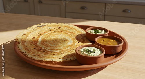 A terracotta plate of dosa with coconut chutney and sambar on a kitchen table
