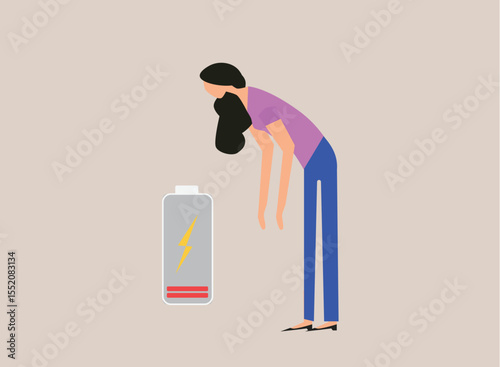 Chronic tired woman, exhausted girl, female character feeling weak, low energy, physical or emotional burnout, mental fatigue